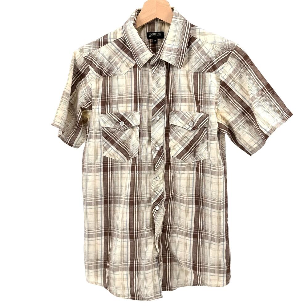 Gioberti Italy Tan Brown Plaid Pearl Snap Short Sleeve Boys Western Shirt